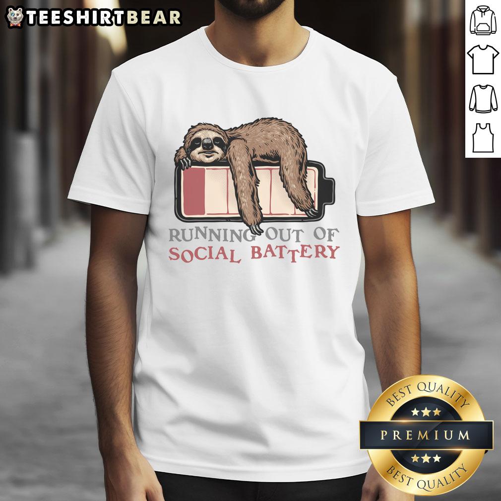 funny-running-out-of-social-battery-t-shirt Funny Running Out Of Social Battery T-Shirt design featuring a playful battery icon and humorous text about social energy.