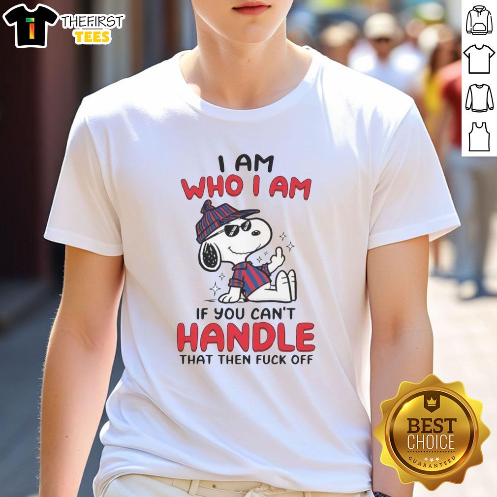 funny-snoopy-i-am-who-i-am-middle-finger-t-shirt-1 Funny Snoopy I Am Who I Am Middle Finger T-Shirt featuring Snoopy giving a playful gesture, perfect for casual wear.