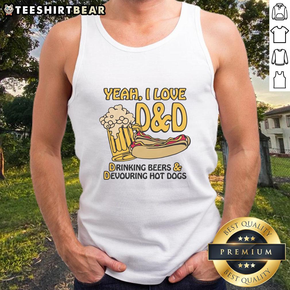 funny-yeah-i-love-dd-drinking-beers-devouring-hot-dogs-tank-top Funny tank top featuring 'Yeah I Love DD' with a graphic of drinking beers and devouring hot dogs, perfect for summer fun.