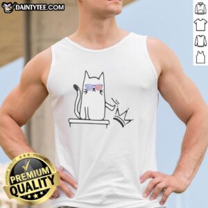 Pretty cat wearing a 'No Kings in America' political tank top, showcasing a fun and stylish pet fashion statement.