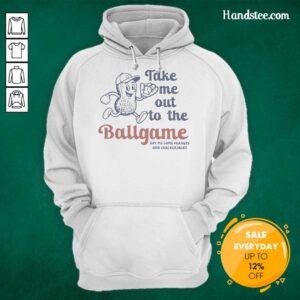 Funny hoodie featuring 'Take Me Out To The Ballgame' with peanuts and crackerjacks design, perfect for baseball fans.