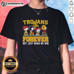 Top Peanuts Characters X USC Trojans NFL Forever ladies tee featuring iconic characters and team spirit design.