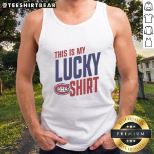 Stylish Montreal Canadiens tank top with 'This Is My Lucky Tank Top' text, perfect for game day or casual wear.