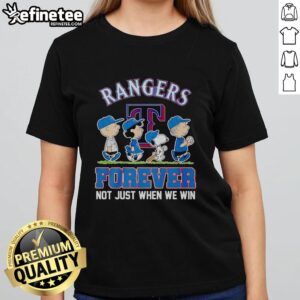 Alt Text: Ladies tee featuring original Peanuts characters and Texas Rangers MLB design, celebrating fandom beyond just winning.