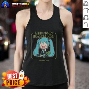Surprised chibi Miku in a tank top, showcasing her intense spin move, perfect for anime and vocaloid fans.
