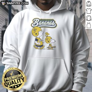 Original Peanuts characters on a graphic hoodie featuring the Savannah Bananas logo in vibrant colors.
