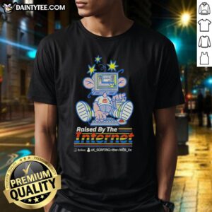 Cartoon character 'Nice Raised By The Internet' using an old computer on a trendy T-shirt design, perfect for tech enthusiasts.