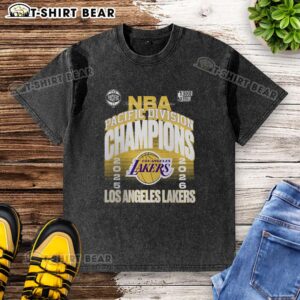 Good Los Angeles Lakers 2026 Pacific Division Champions locker room washed t-shirt displayed on a hanger.