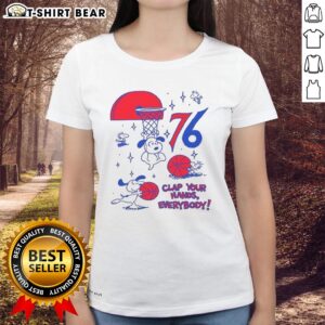 Alt Text: Premium Philadelphia 76ers X Snoopy and Woodstock Clap Your Hands Everybody Ladies Tee in vibrant colors and stylish design.