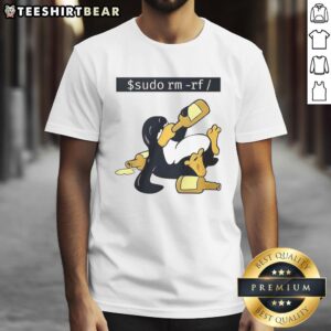 Funny Linux Tux Sudo Rm Rf T-Shirt featuring the iconic penguin in a humorous tech design for programmers and Linux fans.