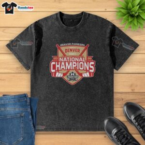 Alt Text: Premium Denver Pioneers 2026 NCAA Ice Hockey National Champions washed t-shirt in red, featuring team logo and design.