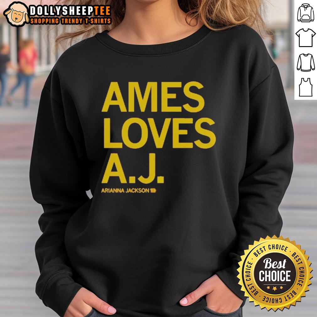 Good Ames Loves A J Arianna Jackson Sweatshirt Alt Text: Good Ames Loves A J Arianna Jackson sweatshirt displayed on a mannequin, showcasing its stylish design and vibrant colors.