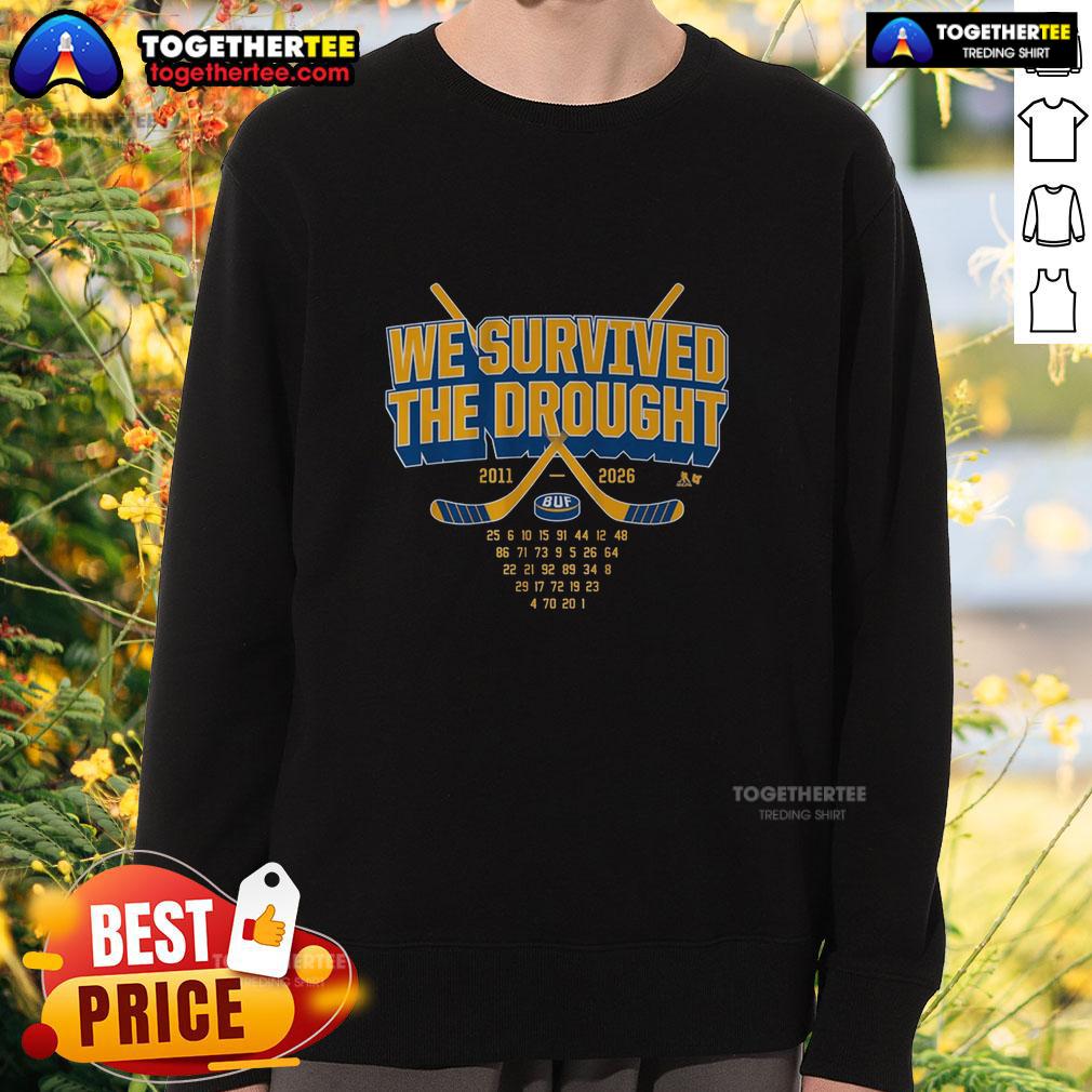 Good Buffalo Hockey We Survived The Drought Sweatshirt Good Buffalo Hockey We Survived The Drought sweatshirt in blue with team logo, perfect for fans and cold weather.