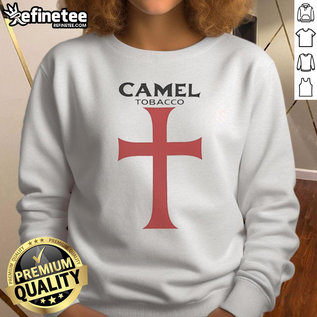 good-camel-tobacco-having-red-templar-graphic-sweatshirt Alt Text: Good Camel Tobacco graphic sweatshirt in red featuring a Templar design, perfect for casual style and comfort.