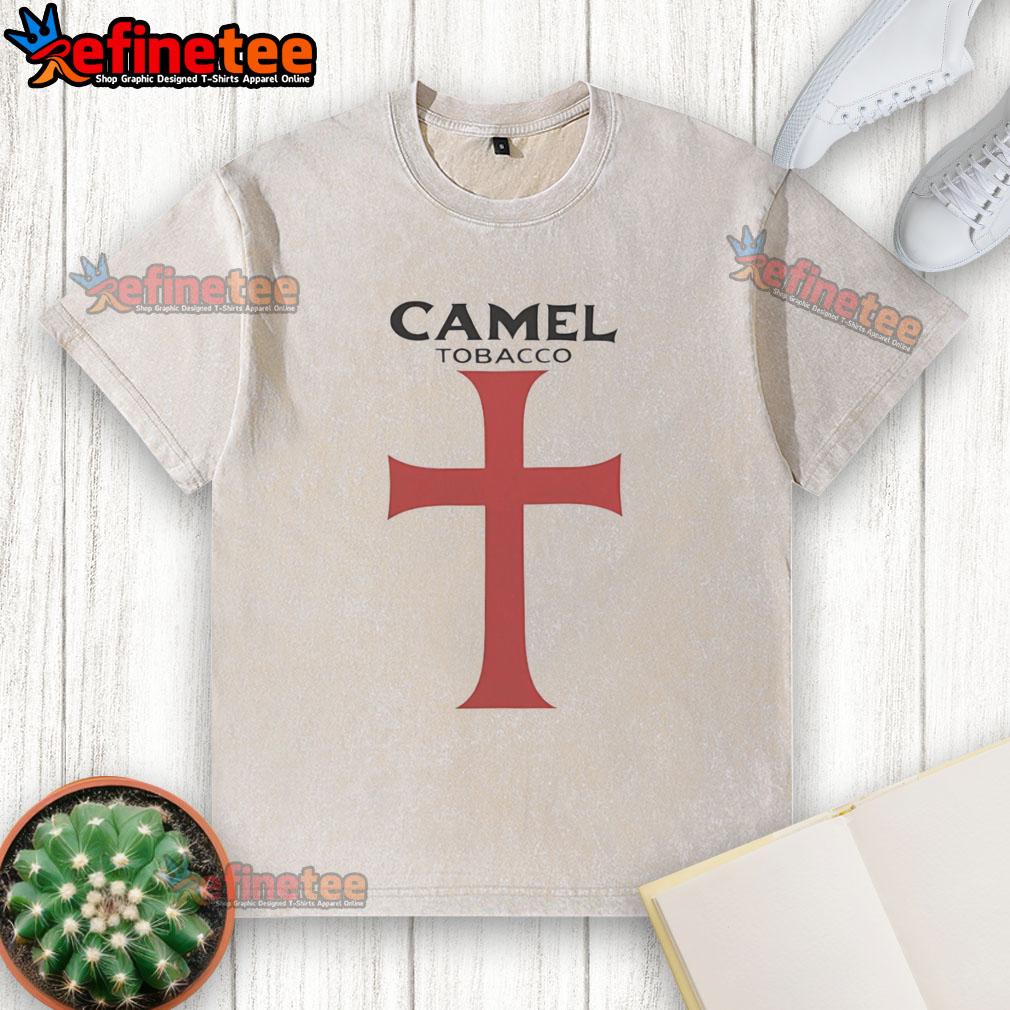 good-camel-tobacco-having-red-templar-graphic-washed-t-shirt Good Camel Tobacco red Templar graphic washed t-shirt displayed on a wooden background, showcasing casual style.