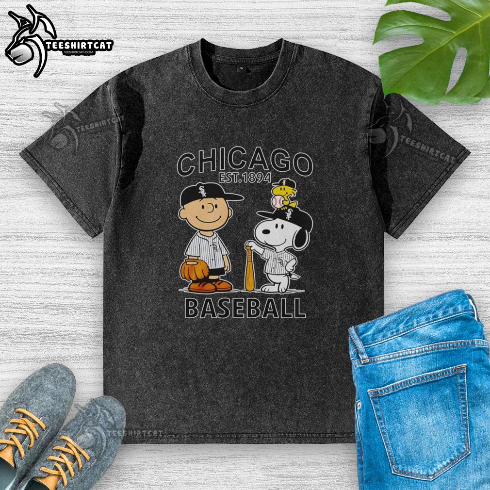 good-charlie-brown-snoopy-and-woodstock-with-chicago-white-sox-baseball-jersey-est-1894-washed-t-shirt Good Charlie Brown, Snoopy, and Woodstock wearing Chicago White Sox jersey on a washed t-shirt, est. 1894 design.