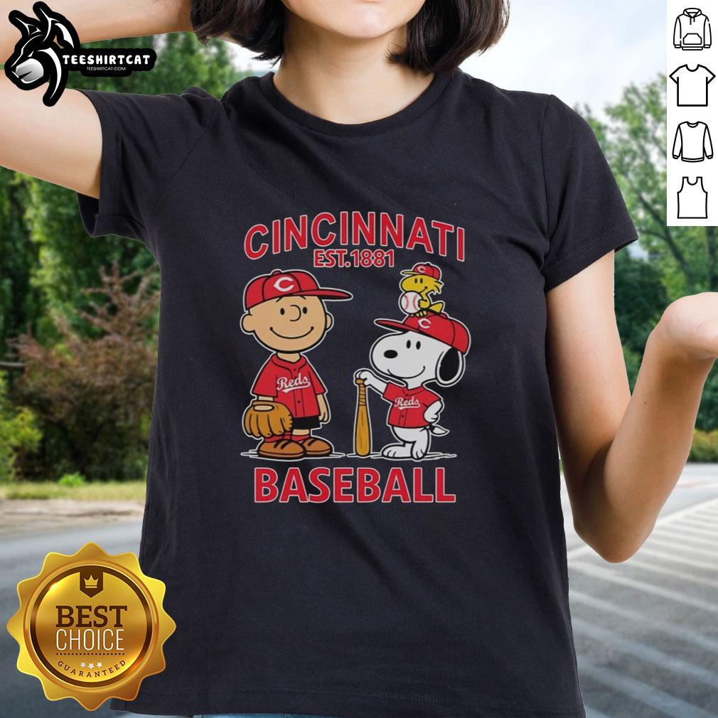 good-charlie-brown-snoopy-and-woodstock-with-cincinnati-reds-baseball-jersey-est-1881-ladies-tee Alt Text: Good Charlie Brown, Snoopy, and Woodstock in Cincinnati Reds baseball jersey, Est. 1881, on a ladies tee shirt.