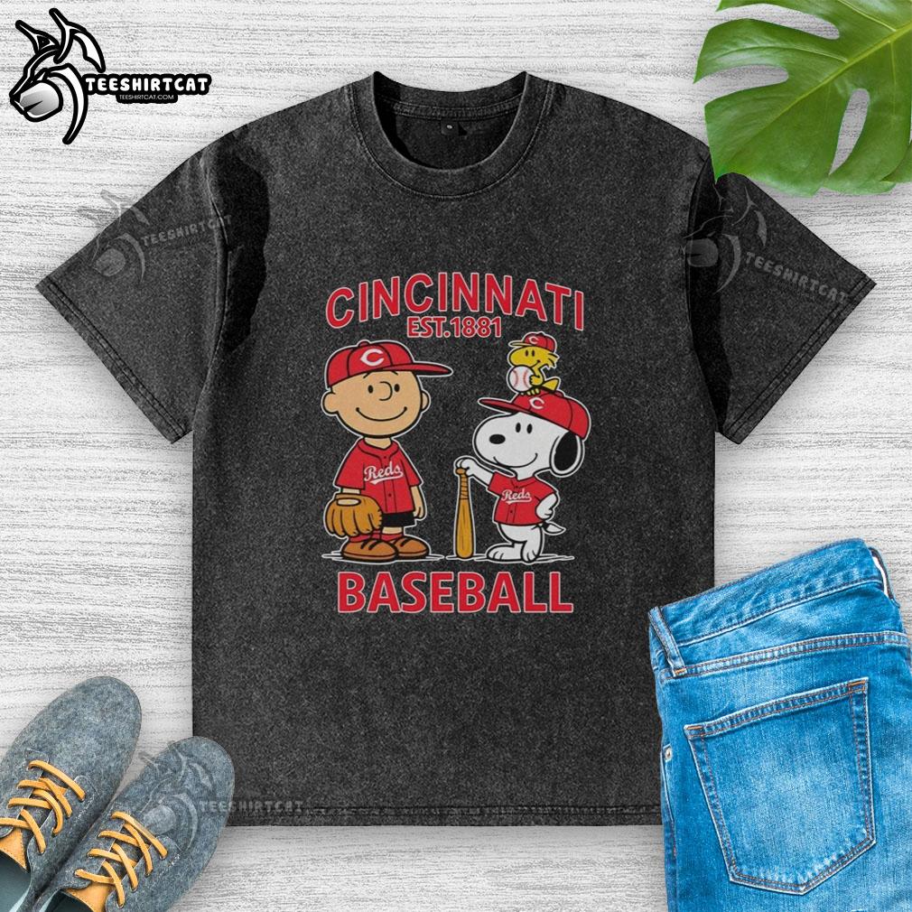 good-charlie-brown-snoopy-and-woodstock-with-cincinnati-reds-baseball-jersey-est-1881-washed-t-shirt Good Charlie Brown, Snoopy, and Woodstock in Cincinnati Reds baseball jersey est. 1881 on a washed T-shirt.