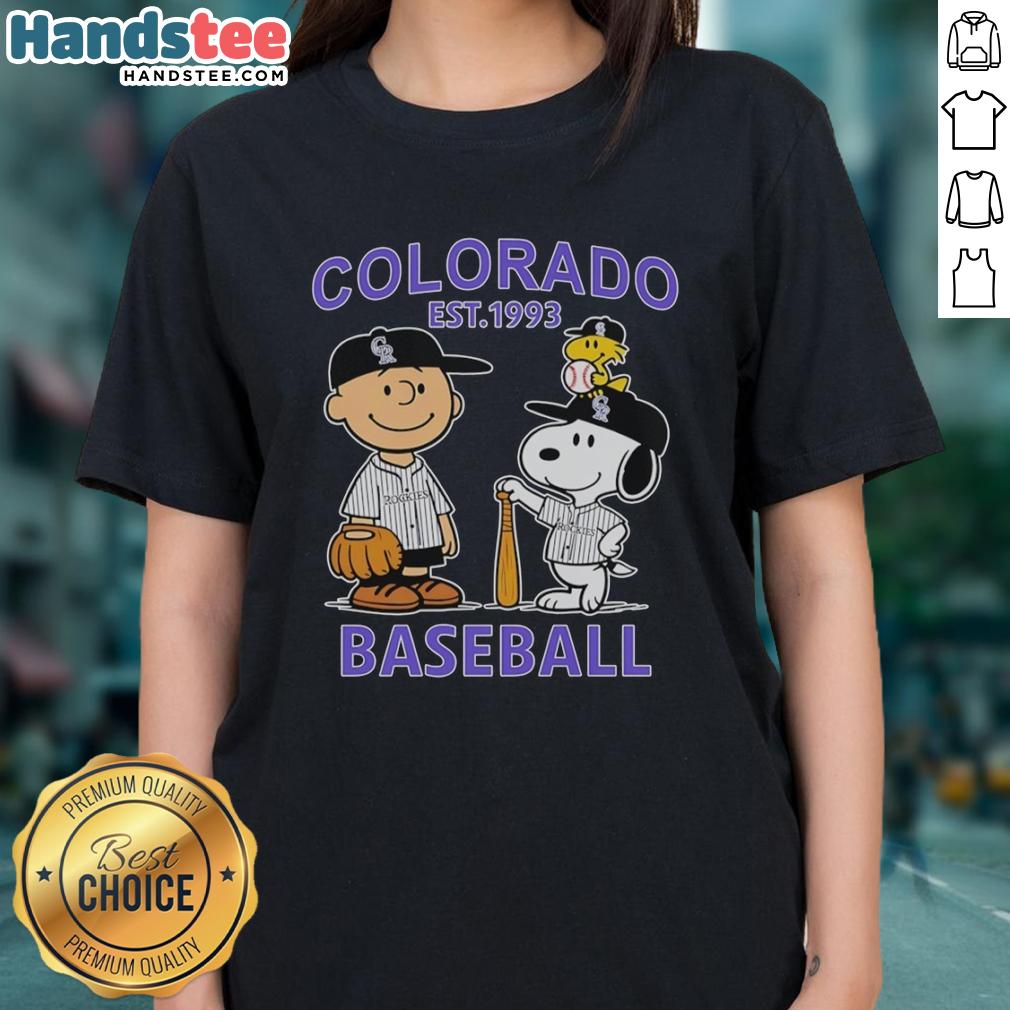 good-charlie-brown-snoopy-and-woodstock-with-colorado-rockies-baseball-jersey-est-1993-ladies-tee Alt Text: Good Charlie Brown, Snoopy, and Woodstock in Colorado Rockies jersey - Est. 1993 Ladies Tee design