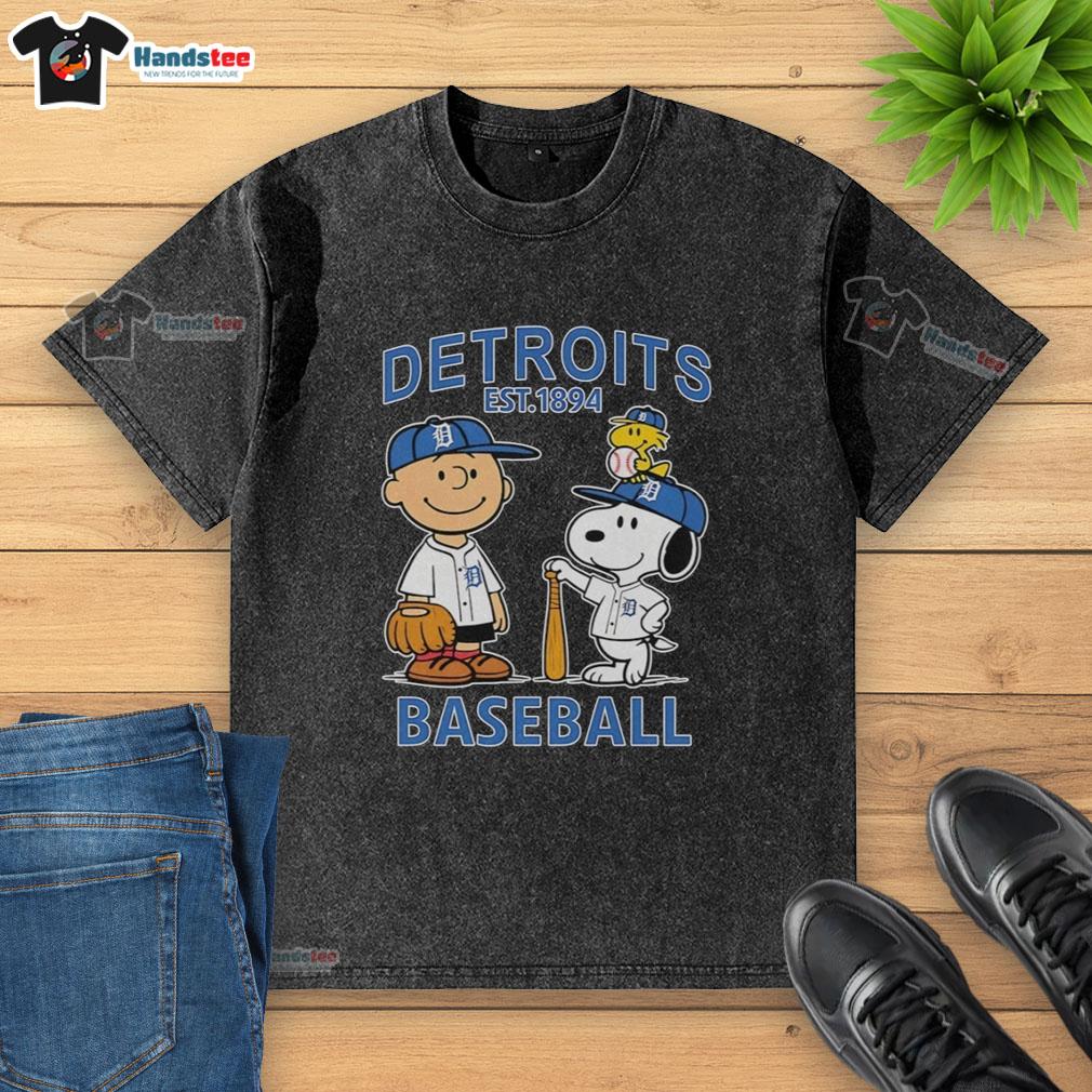 good-charlie-brown-snoopy-and-woodstock-with-detroit-tigers-baseball-jersey-est-1894-washed-t-shirt Good Charlie Brown, Snoopy, and Woodstock wearing a Detroit Tigers baseball jersey, Est. 1894, on a washed t-shirt.