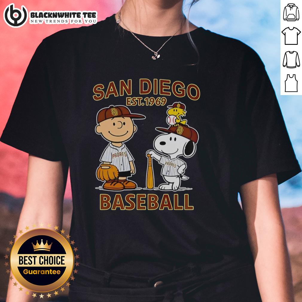 Good Charlie Brown Snoopy And Woodstock With Diego Padres Baseball Jersey Est 1969 Ladies-Tee Good Charlie Brown, Snoopy, and Woodstock wearing Diego Padres baseball jersey Est. 1969 on a ladies tee.