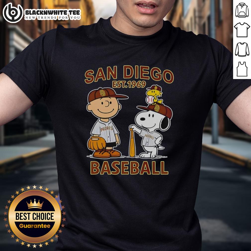 Good Charlie Brown Snoopy And Woodstock With Diego Padres Baseball Jersey Est 1969 T-Shirt Alt Text: Good Charlie Brown, Snoopy, and Woodstock in Diego Padres baseball jersey t-shirt, est. 1969, playful design.