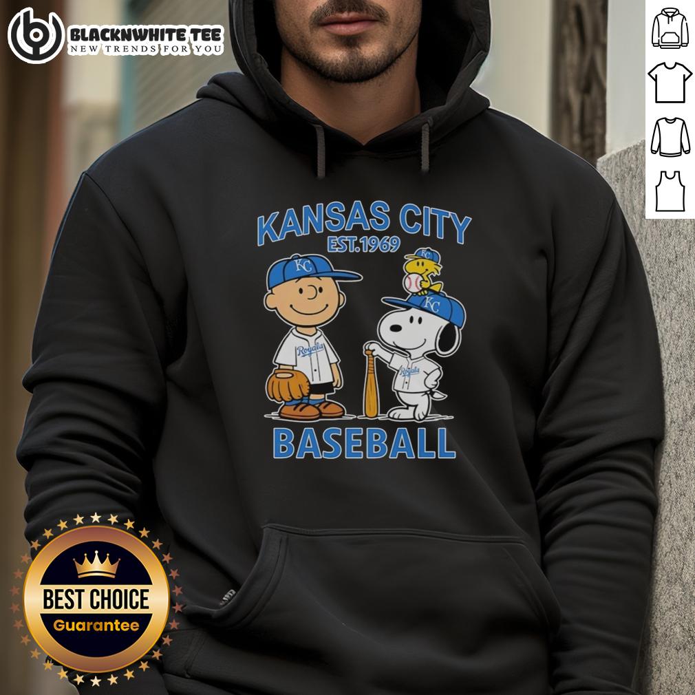 Good Charlie Brown Snoopy And Woodstock With Kansas City Royals Baseball Jersey Est 1969 Hoodie Alt Text: Good Charlie Brown, Snoopy, and Woodstock wearing Kansas City Royals baseball jersey hoodie, est. 1969.