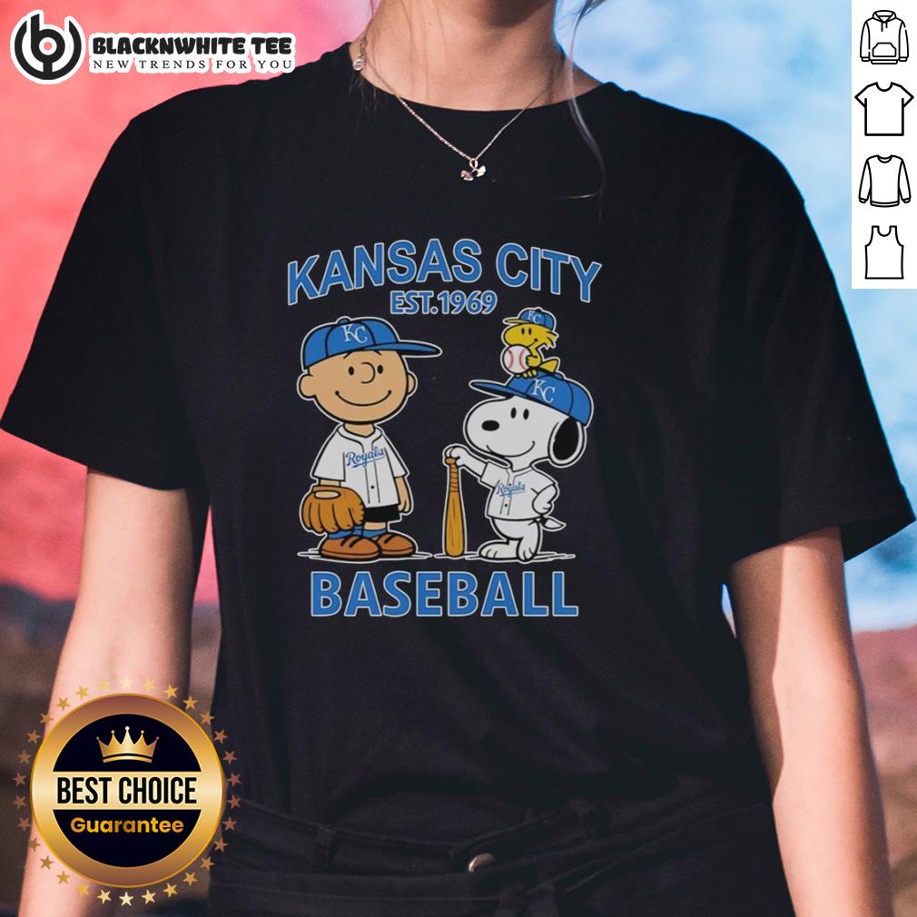 Good Charlie Brown Snoopy And Woodstock With Kansas City Royals Baseball Jersey Est 1969 Ladies-Tee Good Charlie Brown, Snoopy, and Woodstock on Kansas City Royals baseball jersey tee, est. 1969 for ladies.