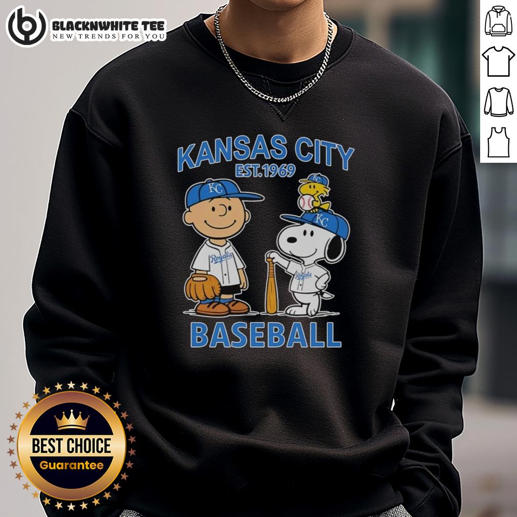 Good Charlie Brown Snoopy And Woodstock With Kansas City Royals Baseball Jersey Est 1969 Sweatshirt Alt Text: Good Charlie Brown, Snoopy, and Woodstock in Kansas City Royals baseball jersey est. 1969 sweatshirt design.