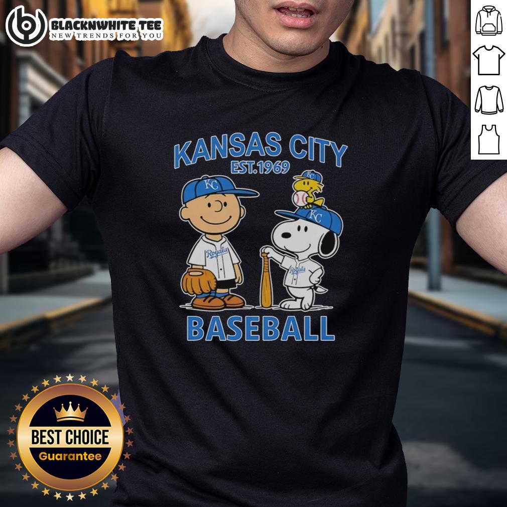 Good Charlie Brown Snoopy And Woodstock With Kansas City Royals Baseball Jersey Est 1969 T-Shirt Alt Text: Charlie Brown, Snoopy, and Woodstock wearing Kansas City Royals baseball jersey Est 1969 t-shirt design.