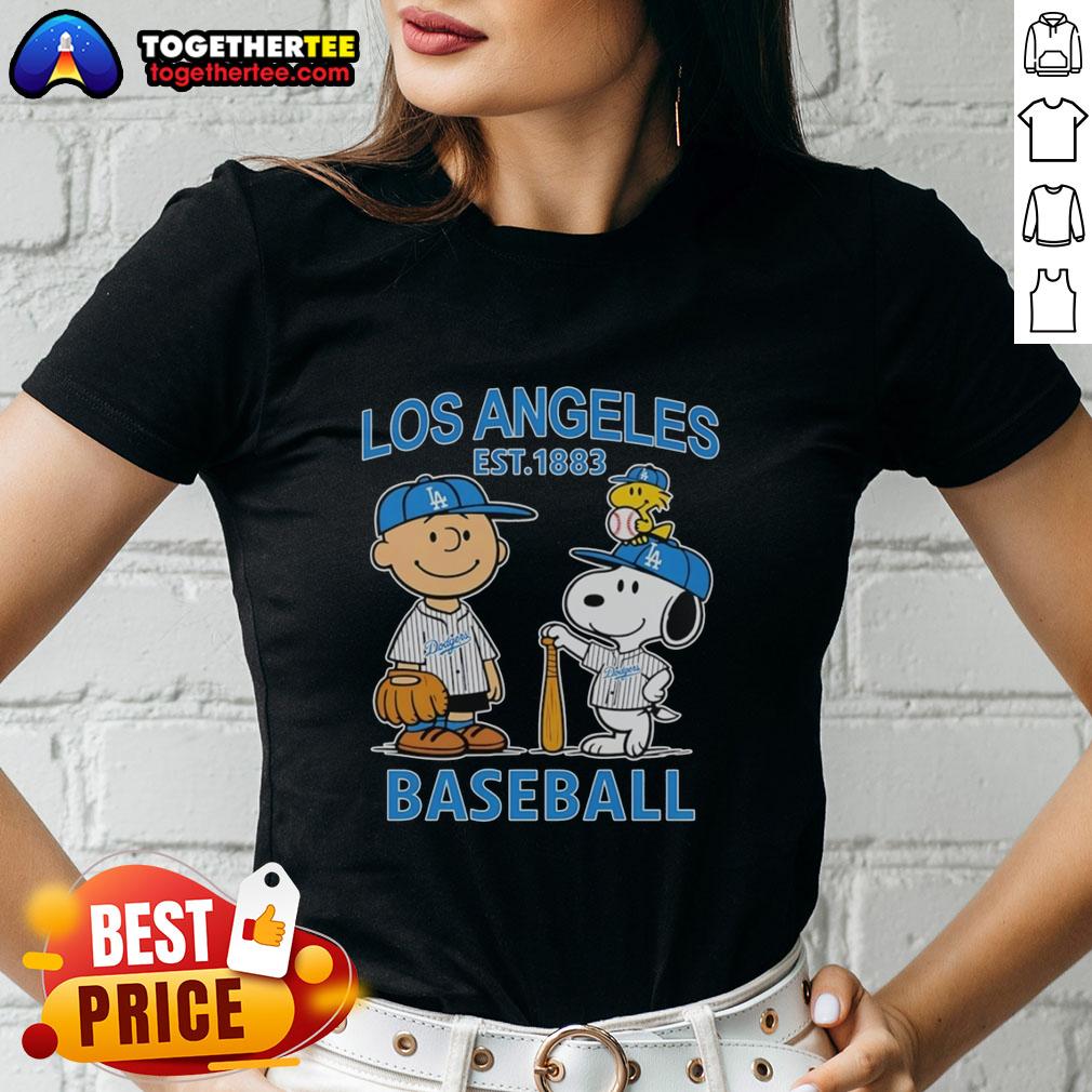 Good Charlie Brown Snoopy And Woodstock With Los Angeles Dodgers Baseball Jersey Est 1883 Ladies-Tee Good Charlie Brown, Snoopy, and Woodstock in Los Angeles Dodgers baseball jersey, Est. 1883, on ladies tee shirt.