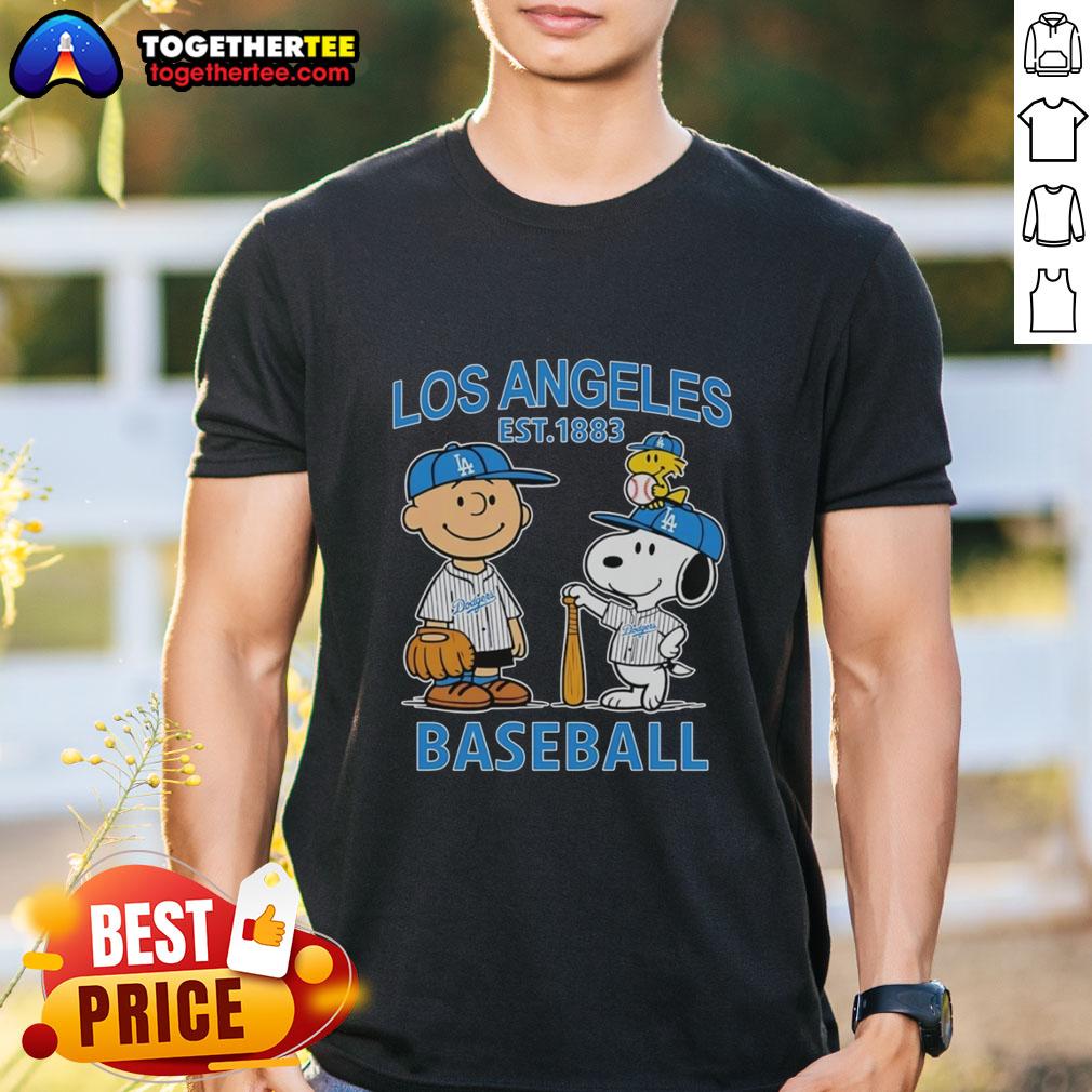Good Charlie Brown Snoopy And Woodstock With Los Angeles Dodgers Baseball Jersey Est 1883 T-Shirt Alt Text: Good Charlie Brown, Snoopy, and Woodstock in Los Angeles Dodgers baseball jersey t-shirt, est. 1883 design.
