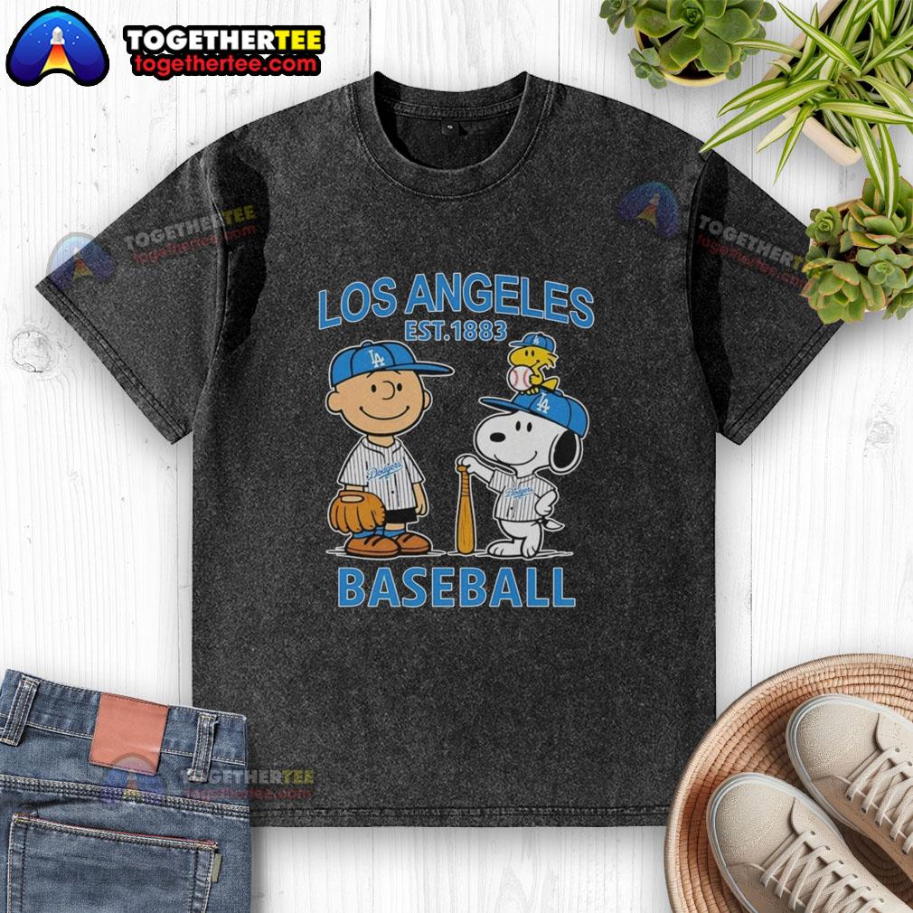 Good Charlie Brown Snoopy And Woodstock With Los Angeles Dodgers Baseball Jersey Est 1883 Washed T-Shirt Good Charlie Brown, Snoopy, and Woodstock wearing Los Angeles Dodgers baseball jersey Est. 1883 on a washed t-shirt.