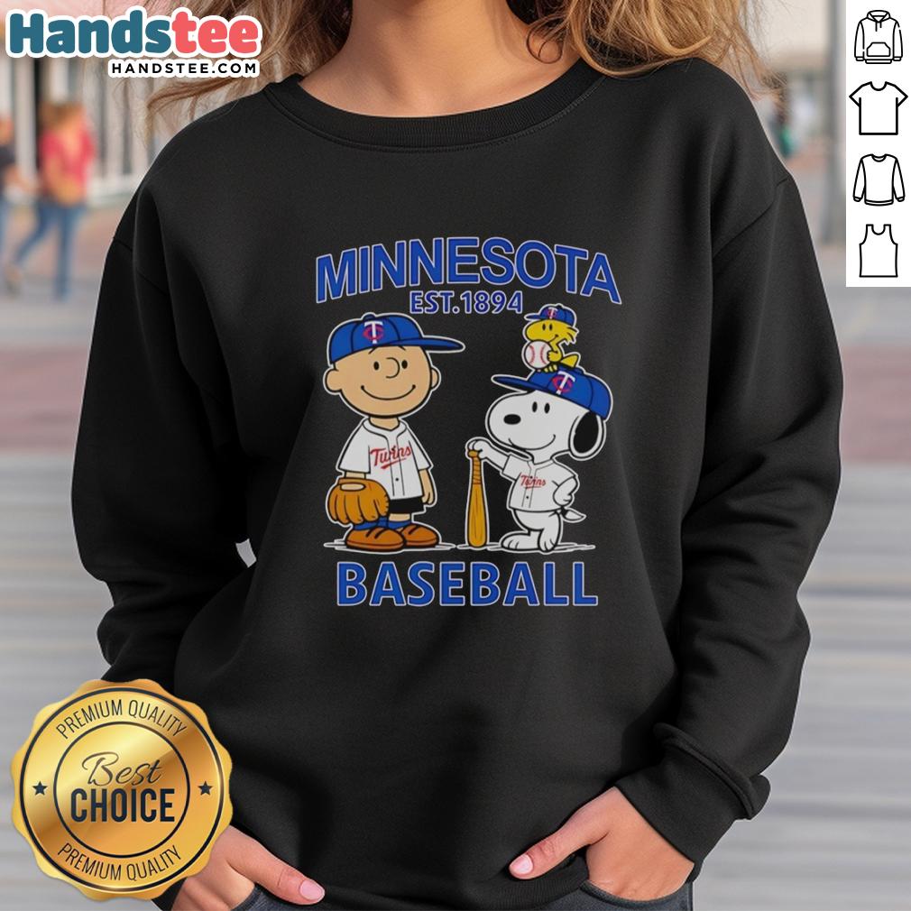 good-charlie-brown-snoopy-and-woodstock-with-minnesota-twins-baseball-jersey-est-1894-sweatshirt Alt Text: Good Charlie Brown, Snoopy, and Woodstock wearing Minnesota Twins baseball jersey est. 1894 sweatshirt.