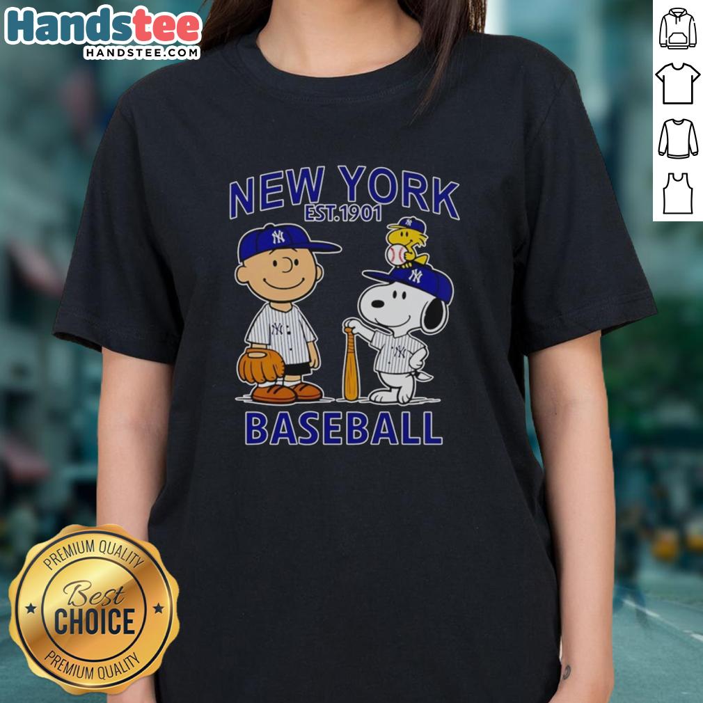 good-charlie-brown-snoopy-and-woodstock-with-new-york-yankees-baseball-jersey-est-1901-ladies-tee Good Charlie Brown, Snoopy, and Woodstock in New York Yankees baseball jersey, Est. 1901, on a ladies tee.