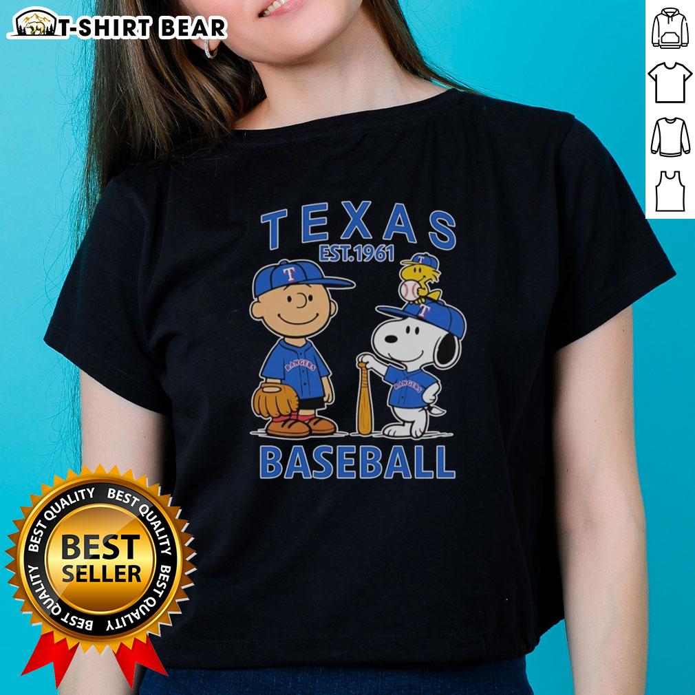 Good Charlie Brown Snoopy And Woodstock With Texas Rangers Baseball Jersey Est 1961 Ladies-Tee Good Charlie Brown, Snoopy, and Woodstock in Texas Rangers baseball jersey est. 1961 on ladies tee shirt.