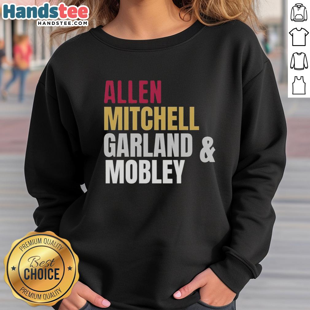 good-cleveland-cavaliers-basketball-starting-four-allen-mitchell-garland-and-mobley-sweatshirt Good Cleveland Cavaliers Basketball Starting Four sweatshirt featuring Allen, Mitchell, Garland, and Mobley in team colors.