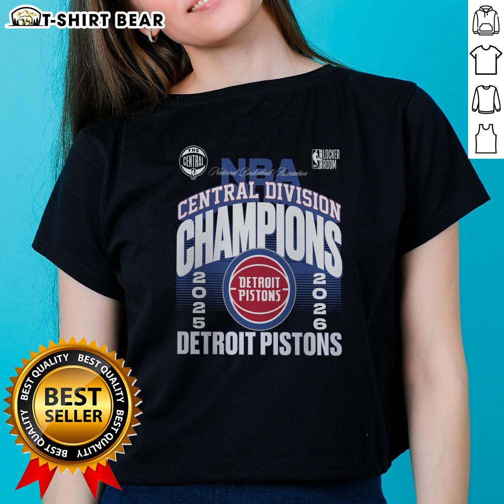 Good Detroit Pistons 2026 Central Division Champions Locker Room Ladies Tee Alt Text: 2026 Central Division Champions locker room scene featuring a Detroit Pistons ladies tee celebrating their victory.