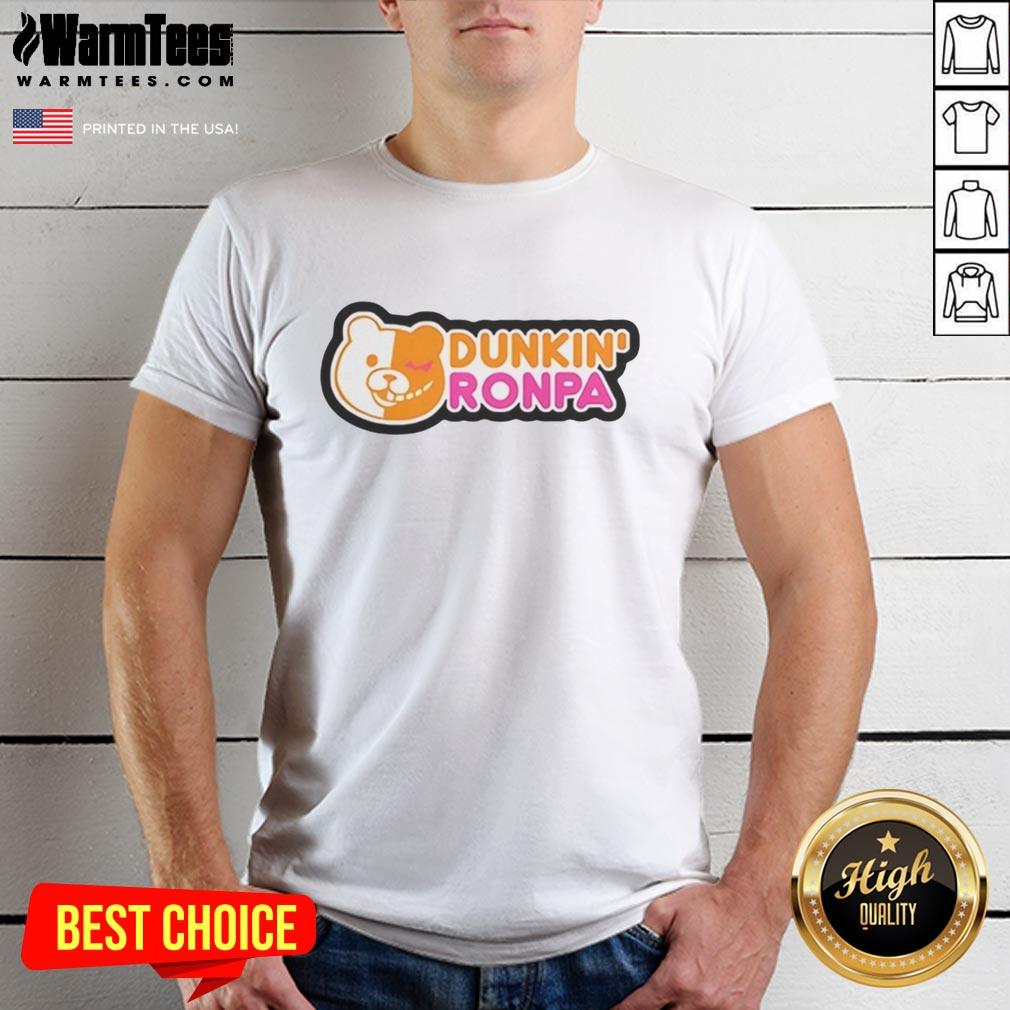 good-dunkin-ronpa-logo-parody-t-shirt Good Dunkin Ronpa logo parody T-shirt featuring playful design combining Dunkin' and Danganronpa elements.