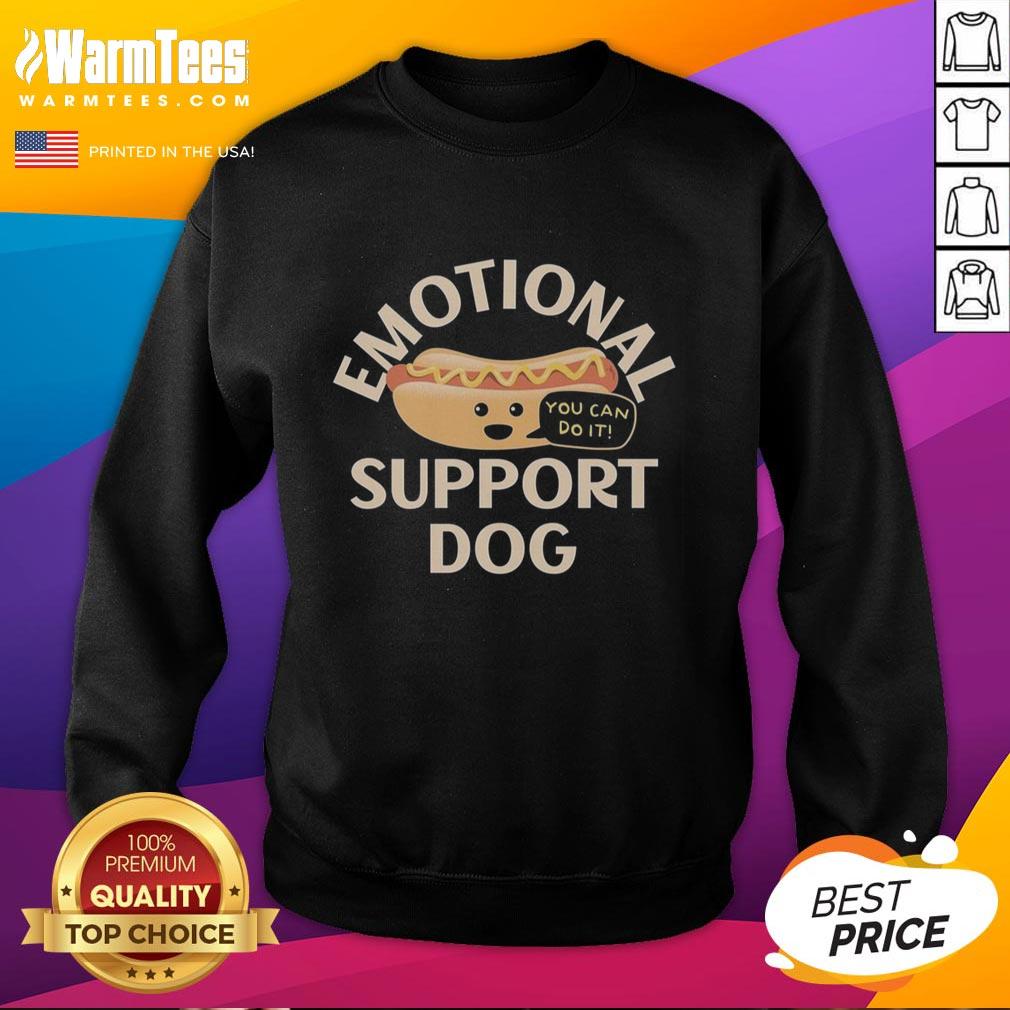 good-emotional-support-dog-hot-dog-sweatshirt Good Emotional Support Dog wearing a hot dog sweatshirt, showcasing a cute and playful vibe for pet lovers.