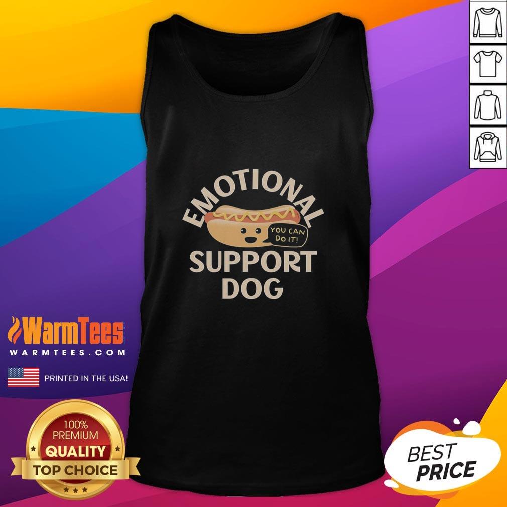 good-emotional-support-dog-hot-dog-tank-top Good emotional support dog wearing a hot dog tank top, showcasing its playful personality and adorable style.