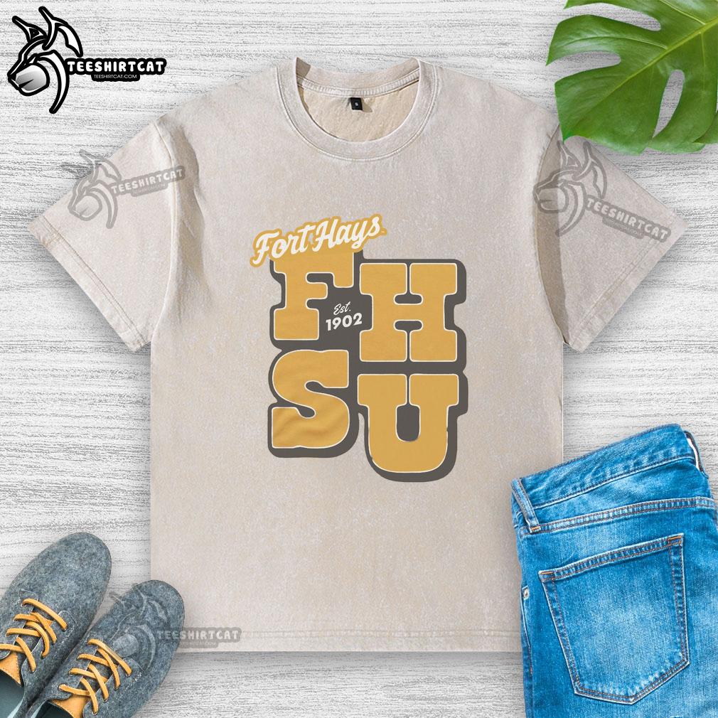 good-fort-hays-est-1902-gold-washed-t-shirt Good Fort Hays Est 1902 gold washed t-shirt featuring a vintage design, perfect for alumni and fans of Fort Hays State University.