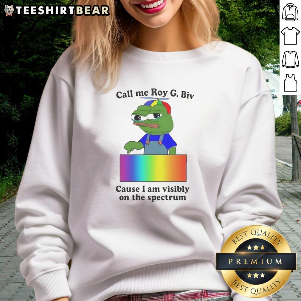 good-frog-call-me-roy-g-biv-cause-i-am-visibly-on-the-spectrum-sweatshirt Good Frog Call Me Roy G. Biv Sweatshirt showcasing a colorful design celebrating visible spectrum diversity.