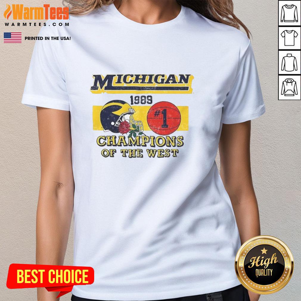 good-michigan-wolverines-ncaa-1989-champions-of-the-west-vintage-ladies-tee Vintage ladies tee featuring the 1989 NCAA Champions of the West Michigan Wolverines logo and design.