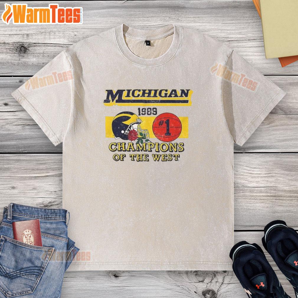 good-michigan-wolverines-ncaa-1989-champions-of-the-west-vintage-washed-t-shirt Vintage washed t-shirt featuring the 1989 NCAA Michigan Wolverines Champions of the West logo.