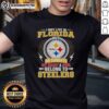 Alt Text: Pittsburgh Steelers t-shirt featuring 'I May Live In Florida But My Heart Belongs To Steelers' design.