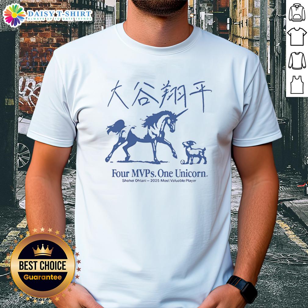 Good Shohei Ohtani 2025 Most Valuable Player Four Mvps One Unicorn T Shirt Good Shohei Ohtani 2025 MVP T-shirt featuring four MVPs and a unicorn design, perfect for baseball fans and collectors.