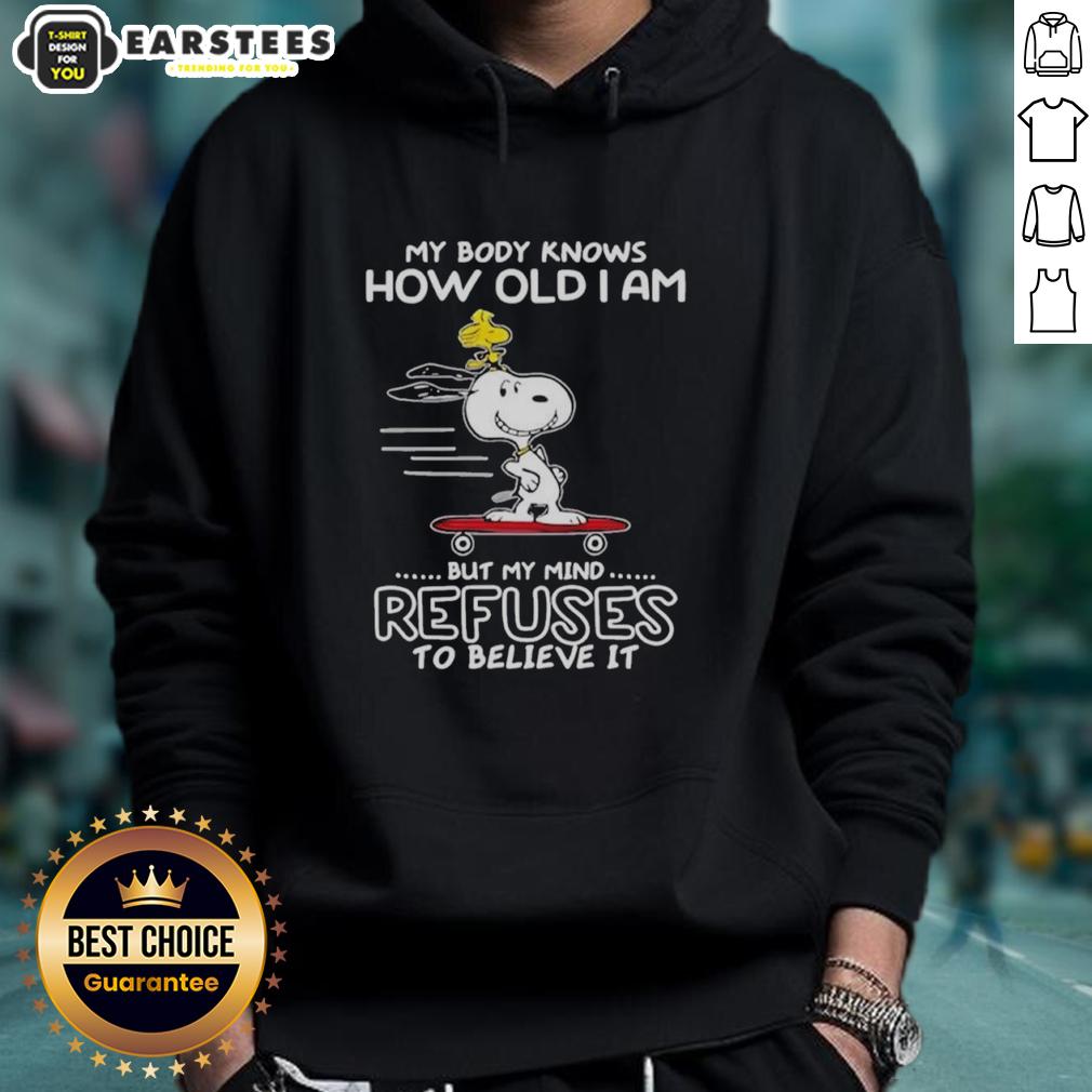 good-snoopy-woodstock-my-body-knows-how-old-i-am-but-my-mind-refuses-to-believe-it-hoodie Good Snoopy and Woodstock hoodie featuring 'My Body Knows How Old I Am, But My Mind Refuses' slogan in vibrant colors.