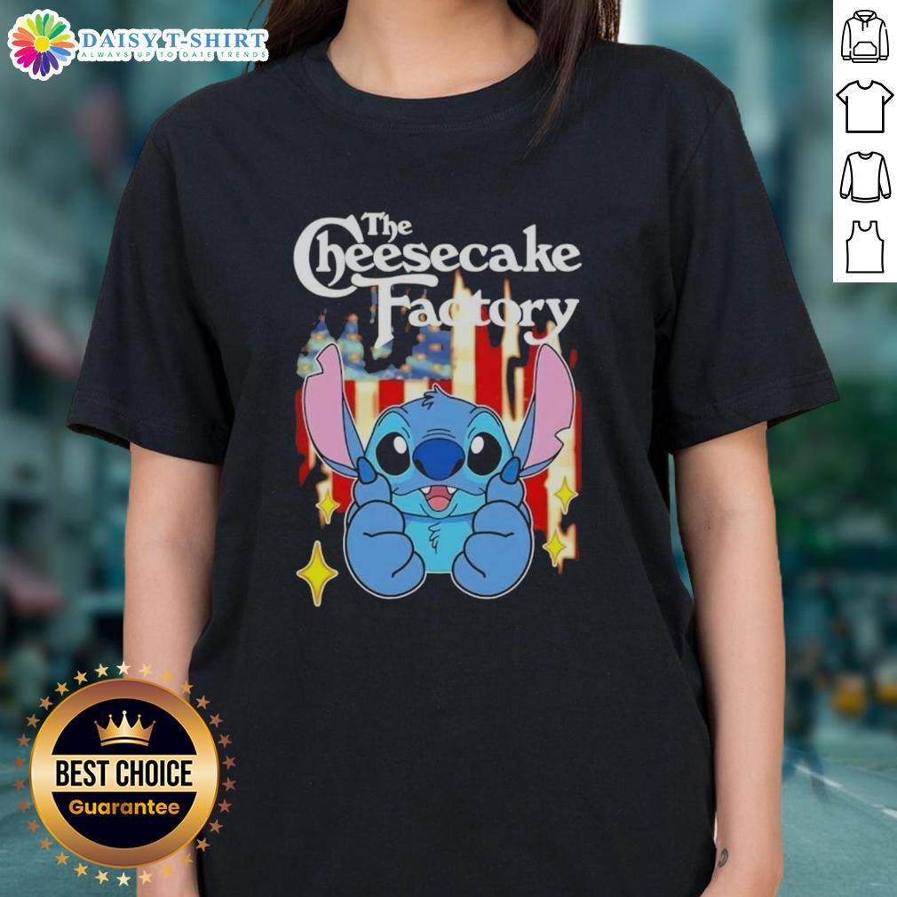 Good Stitch Like The Cheesecake Factory Usa Flag Ladies Tee Alt Text: Stylish 'Good Stitch Like The Cheesecake Factory USA Flag' ladies tee, featuring a vibrant American flag design.