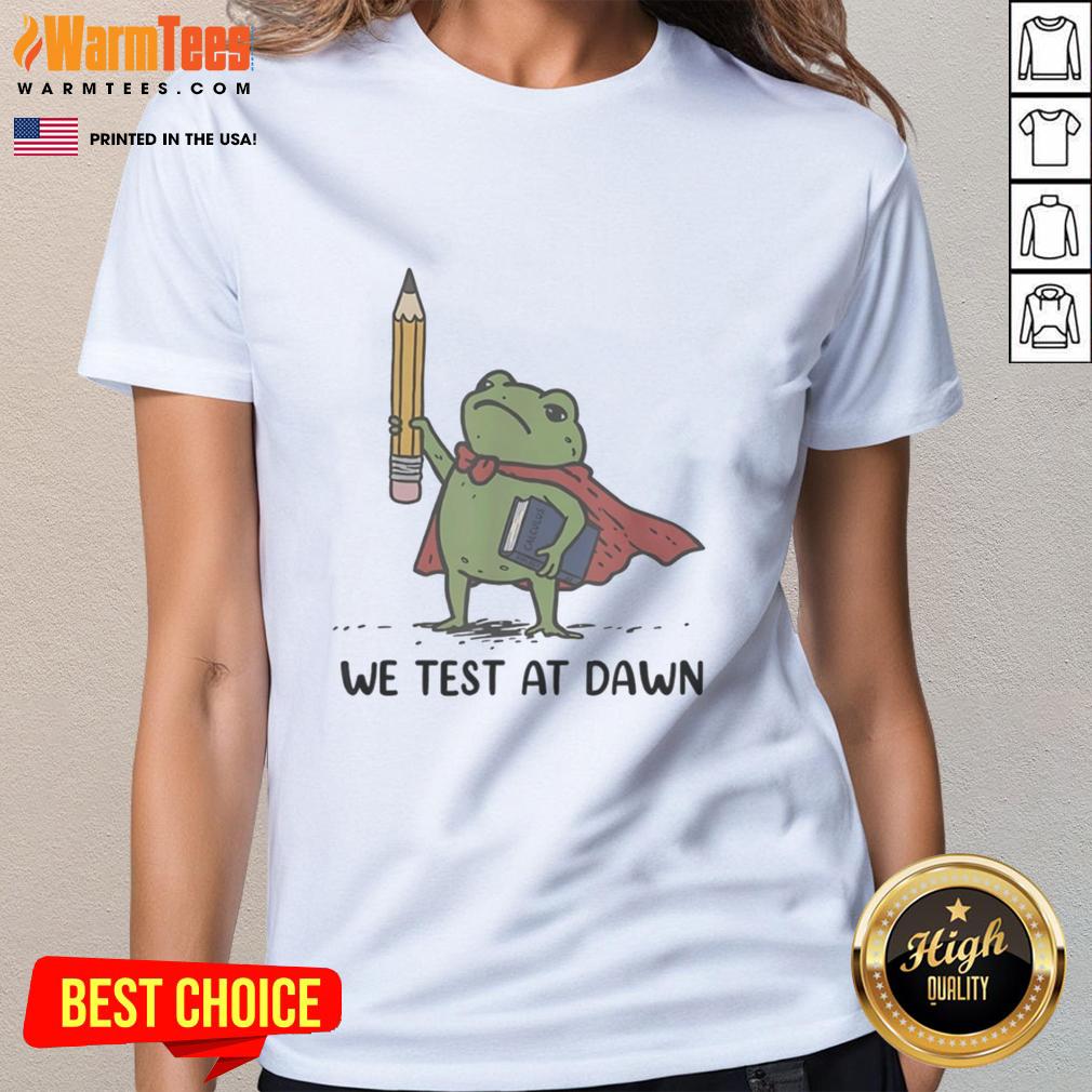 good-teacher-frog-holding-giant-pencil-and-calculus-boook-we-test-at-dawn-ladies-tee Cute teacher frog holding a giant pencil and calculus book, perfect for 'We Test at Dawn' ladies tee design.